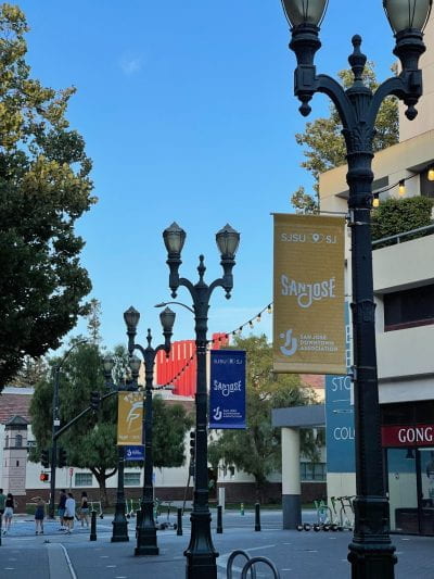 street lamps in clear blue sky