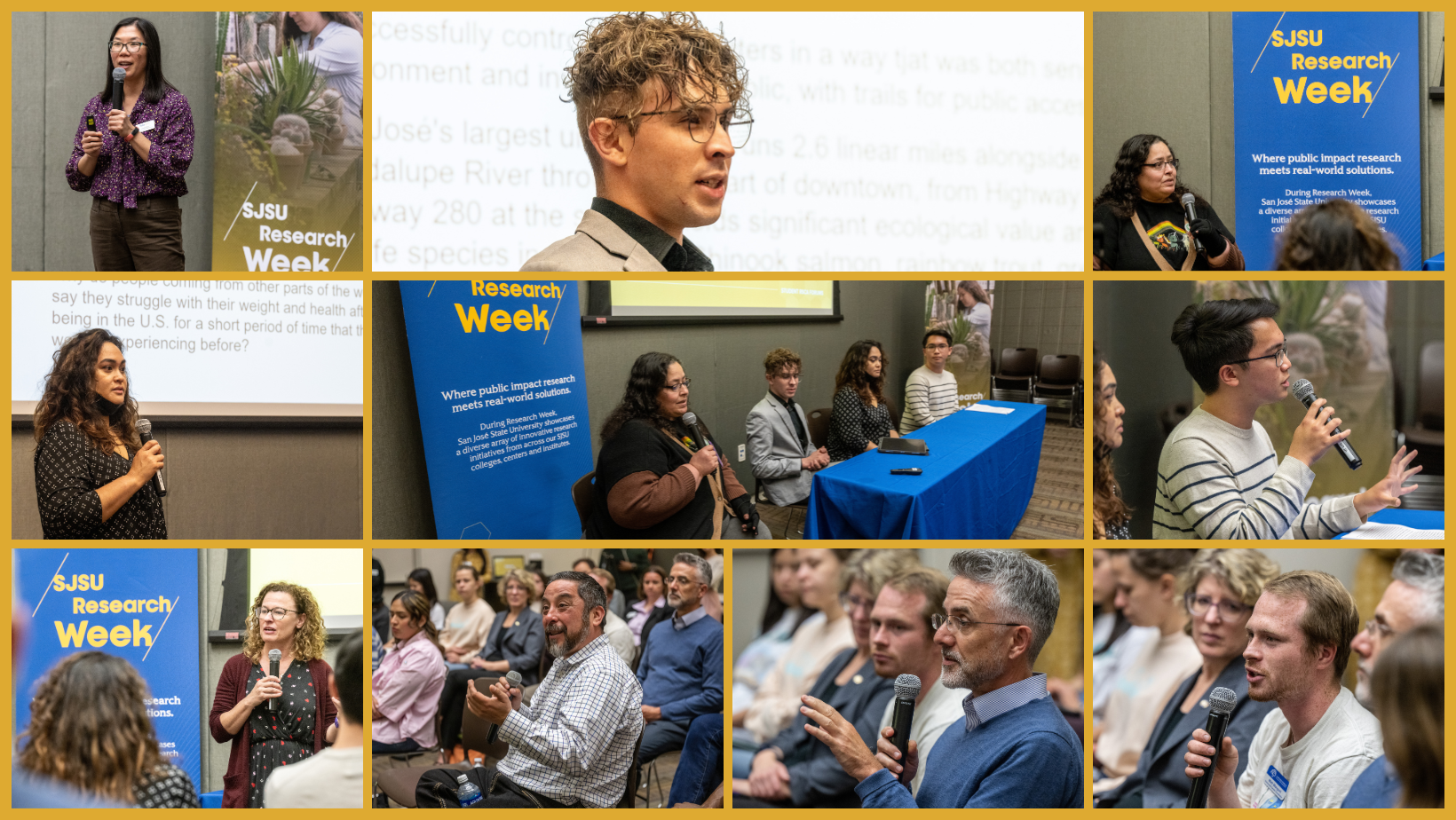 A photo collage of HonorsX students presenting at the SJSU RSCA Forum in Spring 2024.