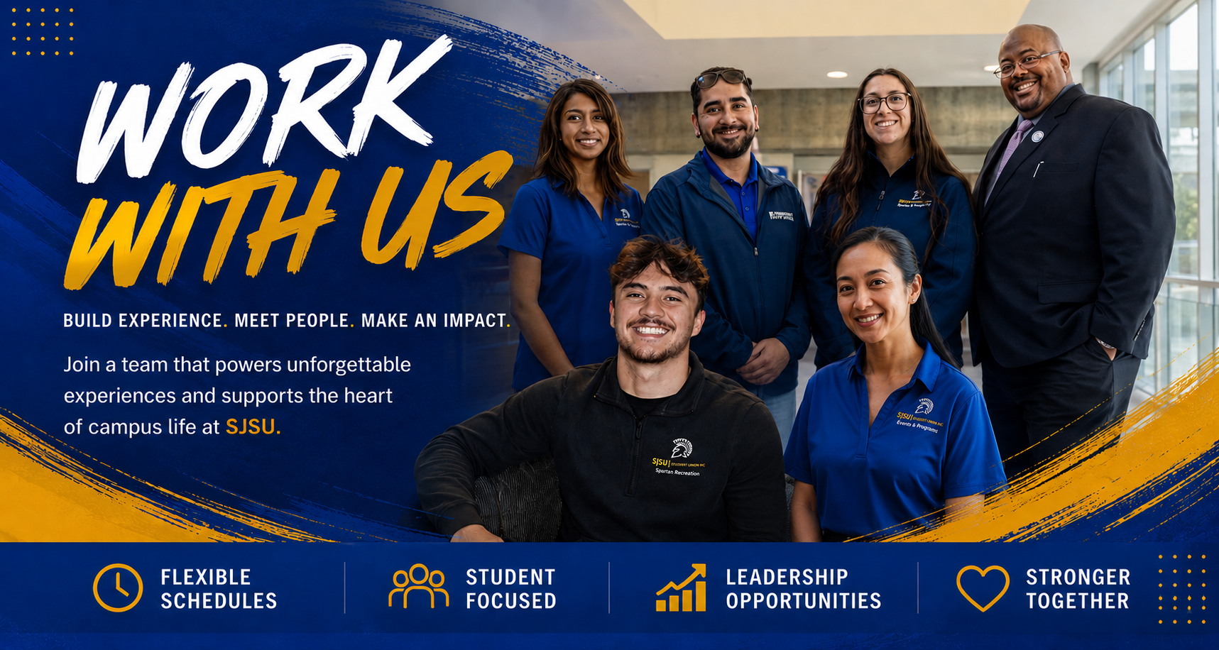 Work with us, Join our team that has flexible schedules, is student focused, amd has leadership opportunities