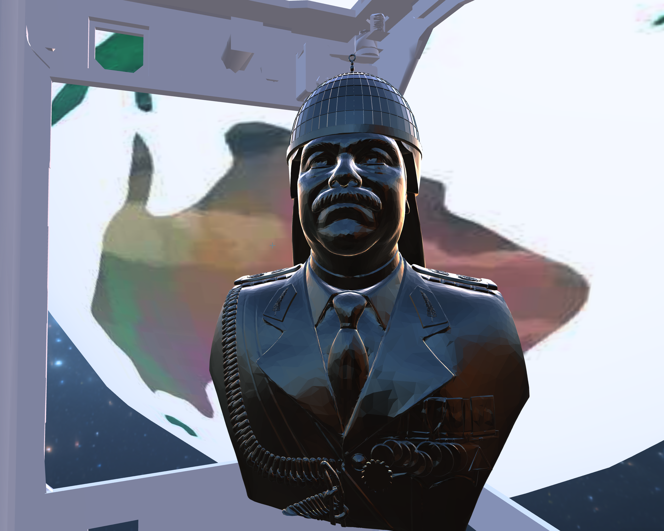 Installation view of Canto III in New Art City. Bust of Saddam Hussein inside a cubesat designed by Wafaa Bilal. It is floating in space against a background of Earth in the distance.